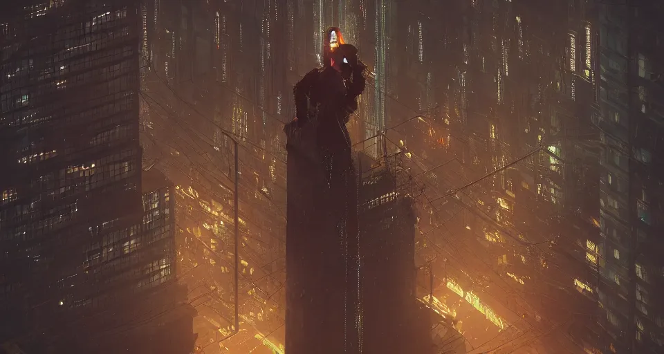 Image similar to a woman standing on the top of a building in a cyberpunk city, nighttime, raining, intricate artwork by Tooth Wu and wlop and beeple, octane render, hyper realism, 8k