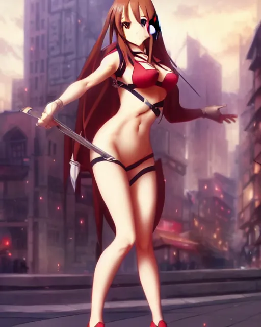 Prompt: pinup photo of asuna from sao in the crowded square of the city, asuna by a - 1 pictures, by by greg rutkowski, artgerm, gil elvgren, enoch bolles, glossy skin, pearlescent, anime, very coherent, sao style anime, flat