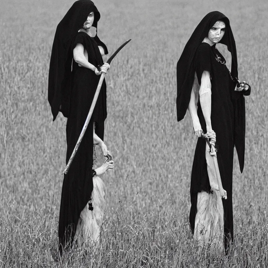 Prompt: angel of death as a pretty faced woman shedding a single tear holding a scythe, violet eyes, black robe, diamond earring, silver necklace, standing alone in a field looking directly at you and melancholy