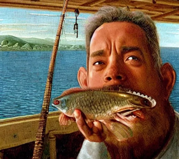 Image similar to Tom hanks as forrest gump fishing for shrimp in a giant shrimp boat, realistic face, renaissance painting, amazing detail