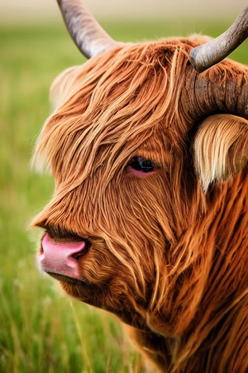 Prompt: close up of a single highland cattle on a field with high grass and light fog. nature photography