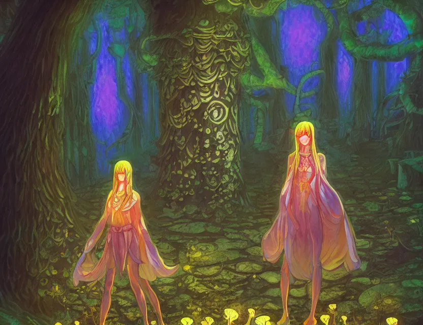 Prompt: priestess in the mycena mushroom temple. gouache painting by award - winning mangaka, bloom, chiaroscuro, backlighting, depth of field.