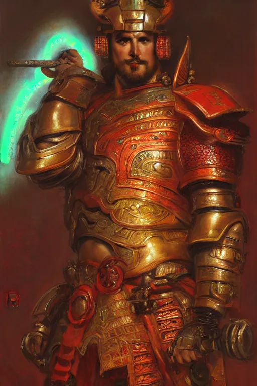 Image similar to attractive beefy male with armor, ming dynasty, character design, colorful, neon lights, cyberpunk, painting by gaston bussiere, craig mullins, j. c. leyendecker, tom of finland