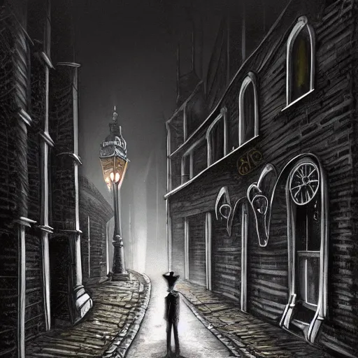 Image similar to jack the ripper lurking in a dark alleyway, one point perspective, full moon, foggy night, black alley cat, cobblestone road, stone arch, big ben, digital painting, hyperrealistic, macabre, spooky, trending on artstation