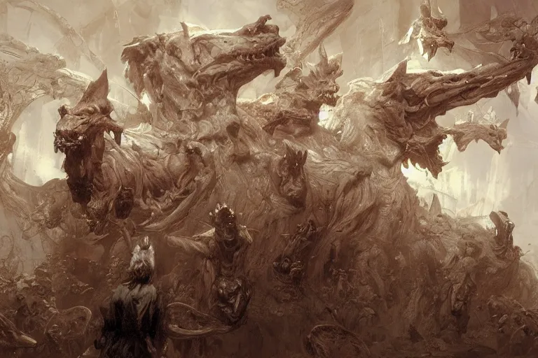 Image similar to hyperdetailed matte art of cerberus by ilya repin, amano, salvador dali, craig mullins