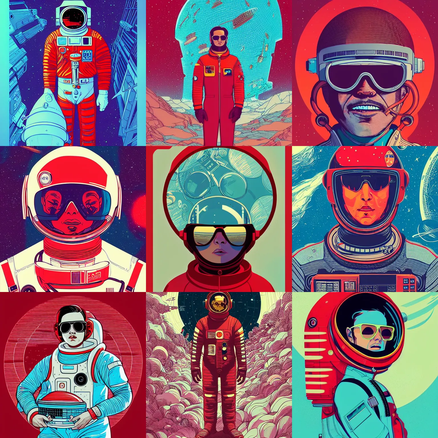 Prompt: cool retro space explorer portraits. sunglasses red astronaut suit. josan gonzalez, victo ngai