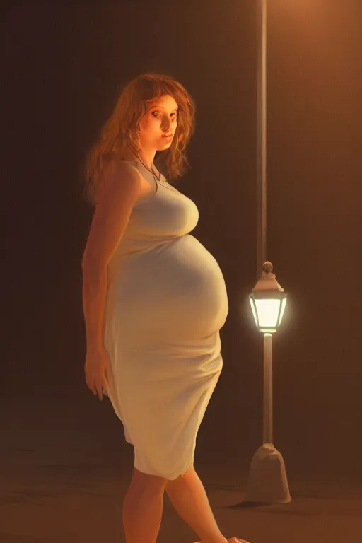 Prompt: pregnant woman under street light, highly detailed, sharp focused, ultra realistic digital concept art by Theodore Ralli