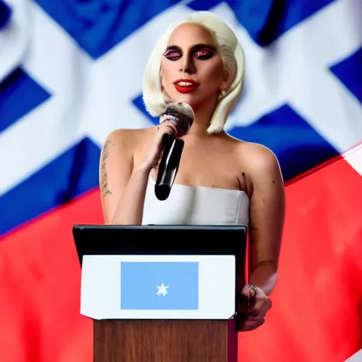 Image similar to Lady Gaga as president, Argentina presidential rally, Argentine flags behind, bokeh, giving a speech, detailed face, Argentina