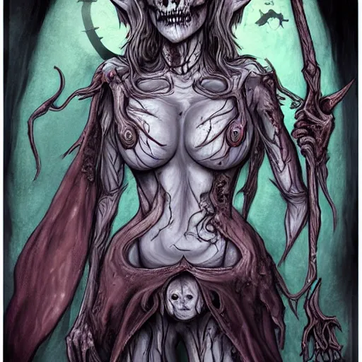 Prompt: portrait of undead female elf lich, grey rotting skin, scythe, sickle, ugly, scars, black ooze, ichor, evil, dungeons and dragons