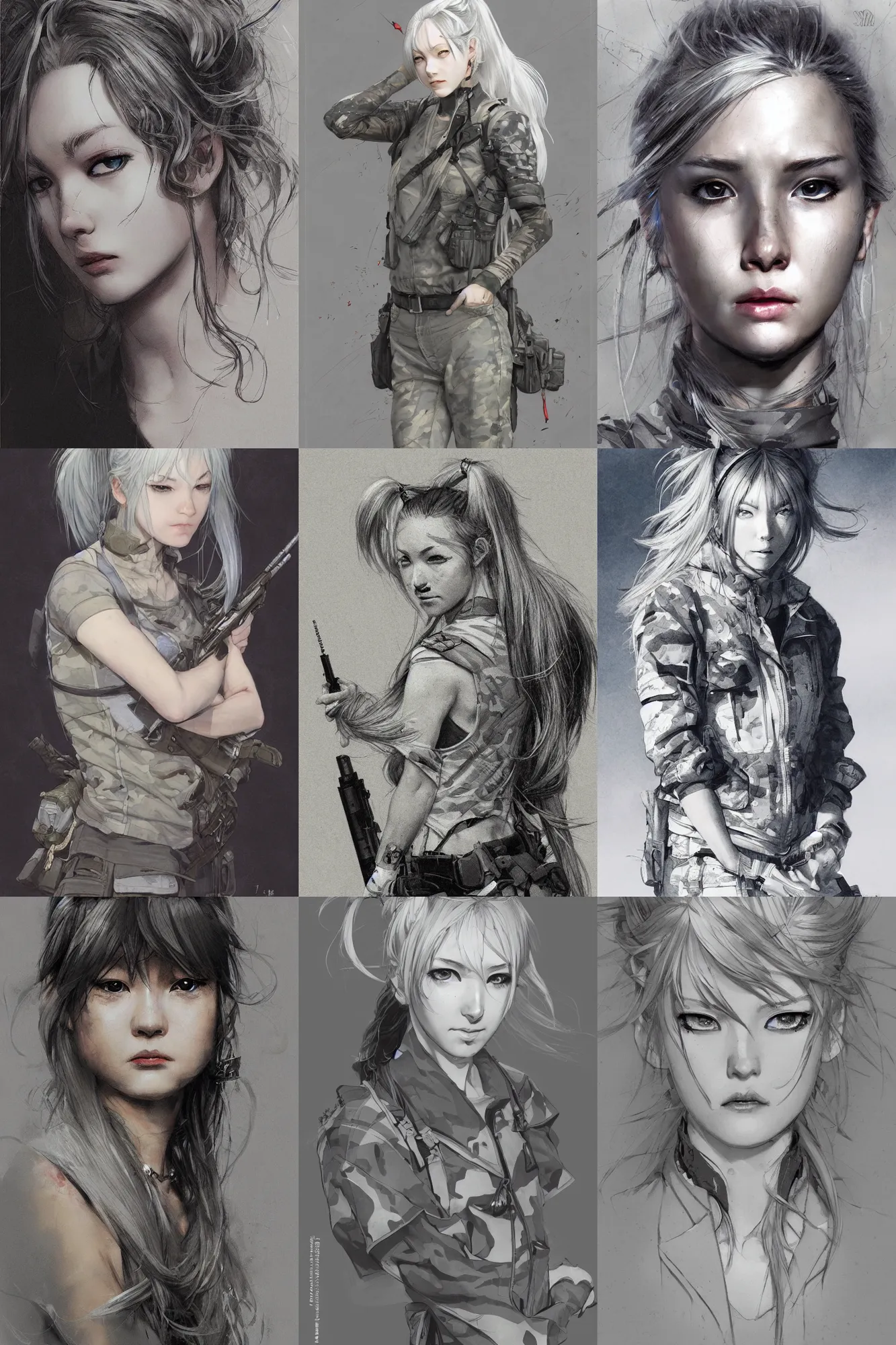 Prompt: girl, silver hair (ponytail), (winking), multicam (camo), trending on artstation, detailed, cinematic portrait, ilustration by Takehiko Inoue (((and Yoann Lossel)))