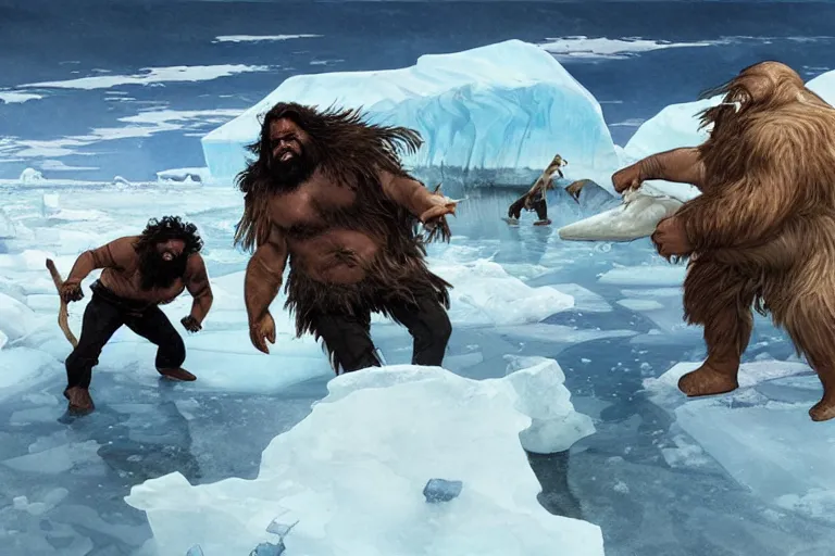 Image similar to a walrus fighting a caveman among on sea ice, stark lighting, water color, art by artgerm and greg rutkowski and alphonse mucha and jin xiaodi and anthony devine