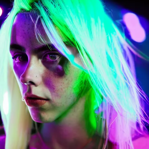 Image similar to billie eilish girl in the street, explosion of neon lights, close up, 5 0 mm lens, model photography detailed realistic