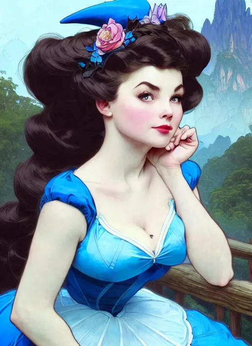 Image similar to concept art by artgerm, portrait of pinup disney alice in wonderland in blue dress, soft natural light, intricate, elegant, highly detailed, mountain background with houses and river, digital painting, artstation, concept art, smooth, sharp focus, illustration, art by greg rutkowski and alphonse mucha and uang guangjian and gil elvgren, symmetry!!