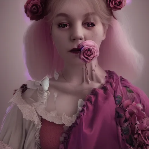 Image similar to 8 k, octane render, realism, tonalism, renaissance, rococo, baroque, cotton candy, portrait of a creepy young lady wearing long 7 0 s babydoll dress with flowers and skulls