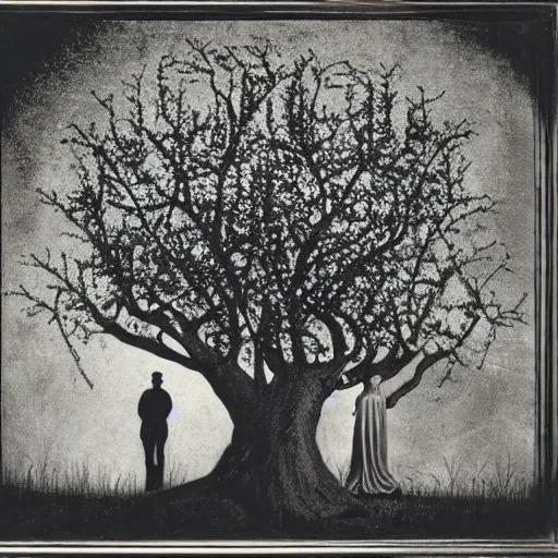 Prompt: a young couple stands by apple tree. there is a very large silver key. fine detail. realistic. fireflies. full moon. folk horror art style. eerie