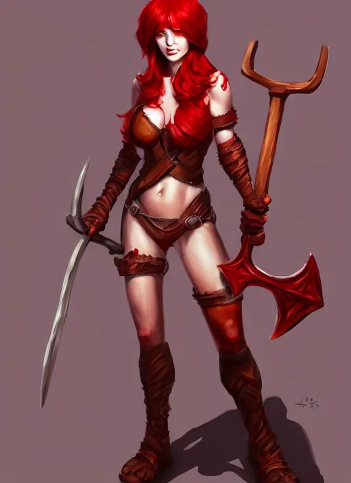 Image similar to a woman with red hair holding two large axes, concept art by senior character artist, true anatomy, extremely beautiful face, extremely detailed face, artstation contest winner, fantasy art, concept art, artstation hd, 2 d game art