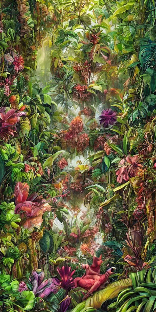 Prompt: deep in the jungle with exotic plant life, tropical plants, natural botanical gardens, vines, acrylic painting by hannah yata, artstation, concept art, award winning,