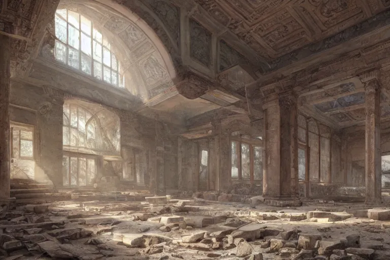 Image similar to A ruined school interior, amazing scale, detailed matte painting, oil on canvas, digital art, trending on Artstation, HD, 4k, post-processing, ultra-detailed