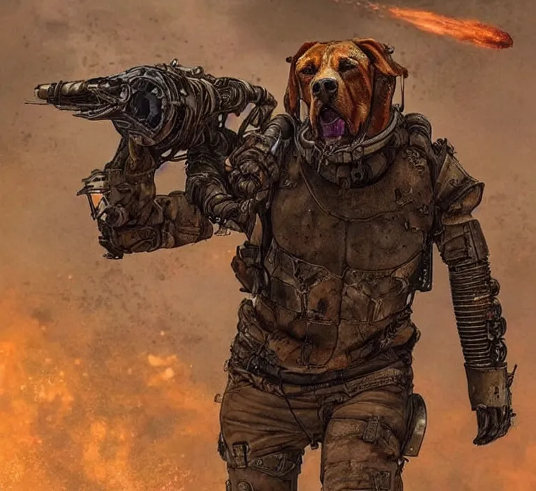 Image similar to a good ol'bloodhound dog fursona ( from the furry fandom ), heavily armed and armored facing down armageddon in a dark and gritty version from the makers of mad max : fury road. witness me.