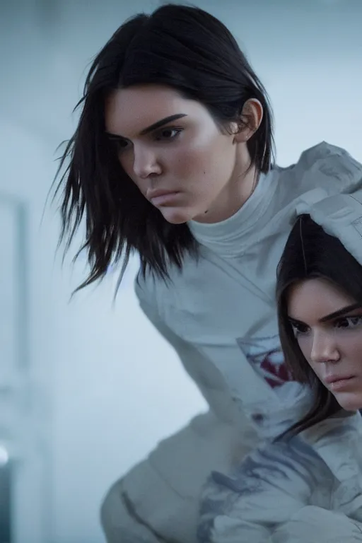 Image similar to film still of Kendall Jenner in the new Denis Villeneuve film, xenomorph holding Kendall again the wall, close shot, Kendall unconscious, cinematic lighting, 4k.