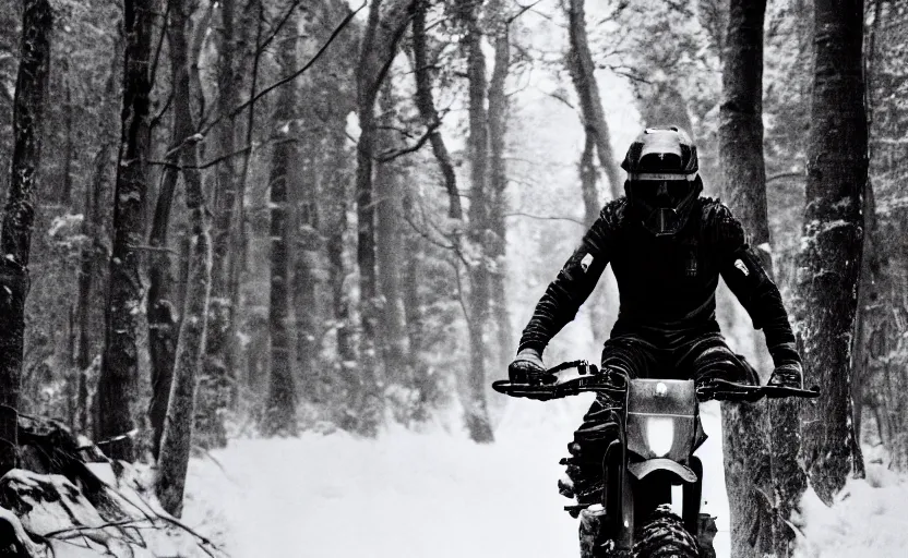 Image similar to cinestill 5 0 d candid photographic portrait by helen levitt of joe biden wearing rugged black mesh techwear riding on a dirtbike through a deep forest, extreme closeup, modern cyberpunk moody emotional cinematic, snow storm, 8 k, hd, high resolution, 3 5 mm, f / 3 2, ultra realistic faces, ex machina