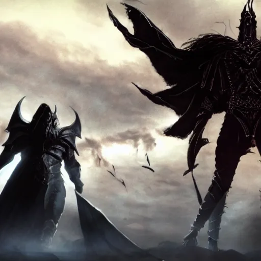 Image similar to A promotional image from the new Simarillion movie by New Line Cinema, Morgoth is towering over Fingolfin at the battle of Angband, 4k, Cinematic, highly detailed special effects