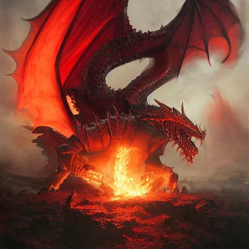 Image similar to epic fantasy painting of red dragon breathing fire towards knight, by john avon, by seb mckinnon, high detail, fantasy battle