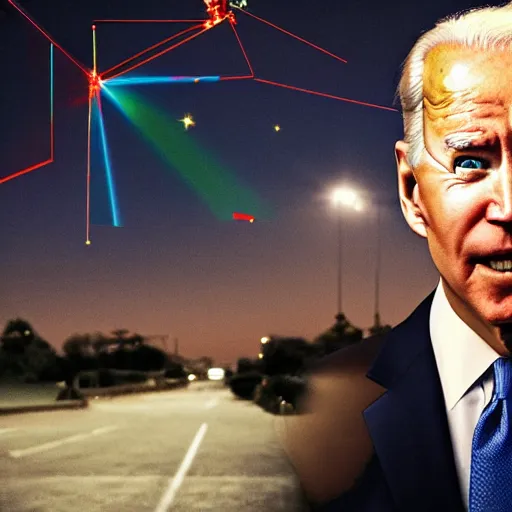 Prompt: portrait of asphalt face, joe biden, primary colors, faceted reflections, angry looking at camera, lasers shooting out of eyes, outdoor, black sky, 8 k, realistic, depth of field, highly detailed, award winning photography.