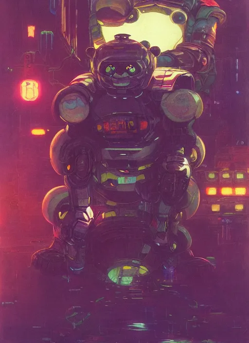 Image similar to a panda mecha, reflective detailed textures. glowing colorful fog, dark background. highly detailed fantasy science fiction painting by moebius, norman rockwell, frank frazetta, and syd mead. rich colors, high contrast. trending on artstation