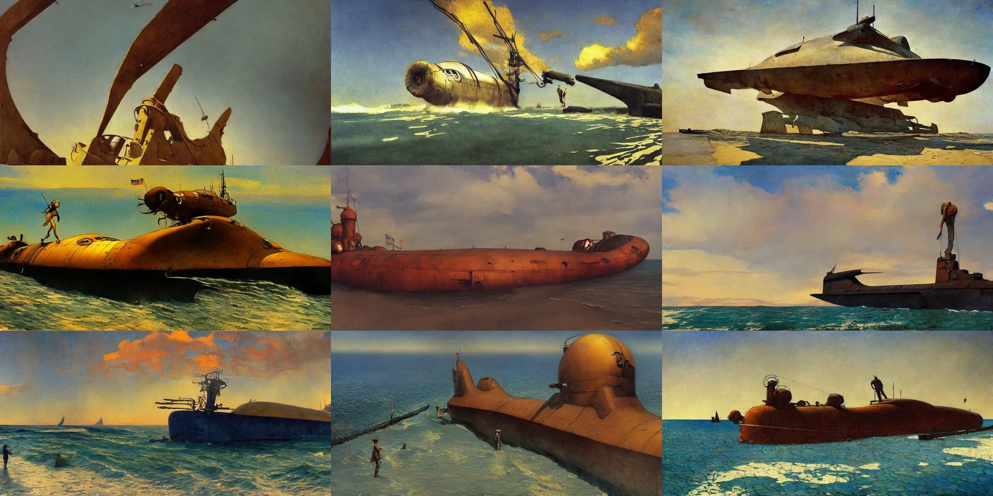 Prompt: nc wyeth painting, ultra wide, vanishing point, 3 d perspective, beached submarine, incredible, award winning, up close, climbing, beaching, rust, sadness, golden hour