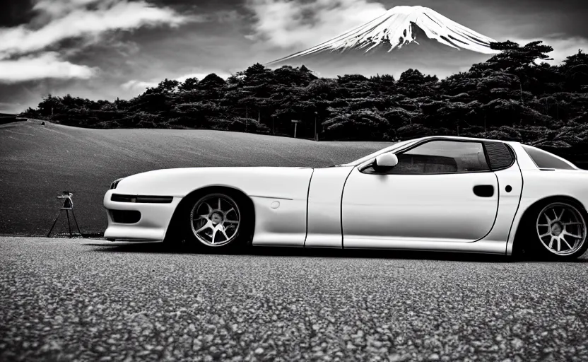 Image similar to a stylistic photo of a modified rx 7 in mount fuji early in the morning | jdm | japanese