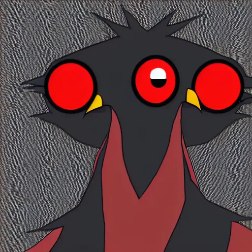 Image similar to crazy black chicken looking angry at you with red eyes, anime style