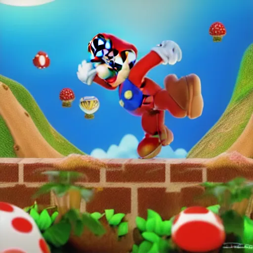 Prompt: Mario jumping off a white and red spotted mushroom, Mario brothers theme, mushroom kingdom in background, landscape, beautiful, colorful, cinematic composition, exotic plants, goombas,