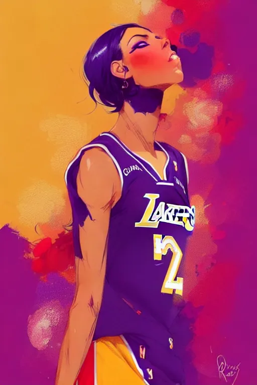 Image similar to a ultradetailed beautiful panting of a stylish woman in a lakers jersey, by conrad roset, greg rutkowski and makoto shinkai, trending on artstation