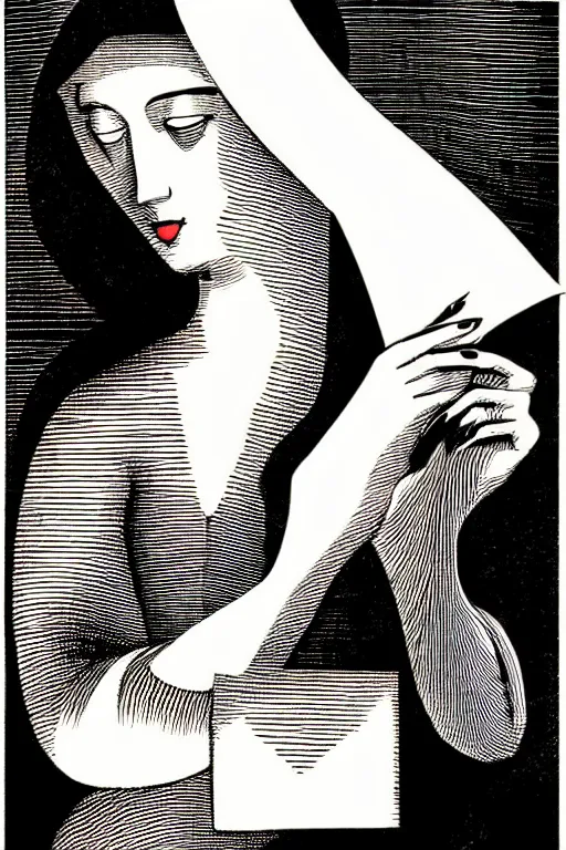 Prompt: art deco woman reading a love note art by james o barr and albrecht durer, surreal woodblock print, black and white, vector, vector art