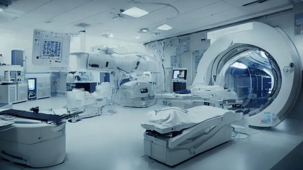 Image similar to a huge mri machine and control panels in the inspection room, film still from the movie directed by denis villeneuve with art direction by salvador dali, wide lens