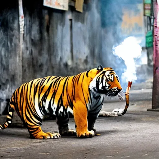 Prompt: photograph of a Tiger smoking smoking a joint in the streets of Dhaka