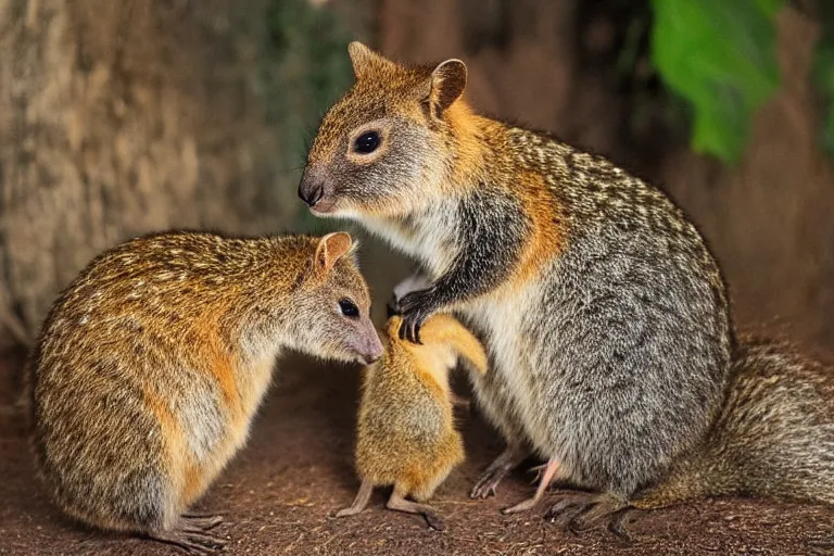 Prompt: “a quokka and wallaby smiling and hugging each other, nature photography”