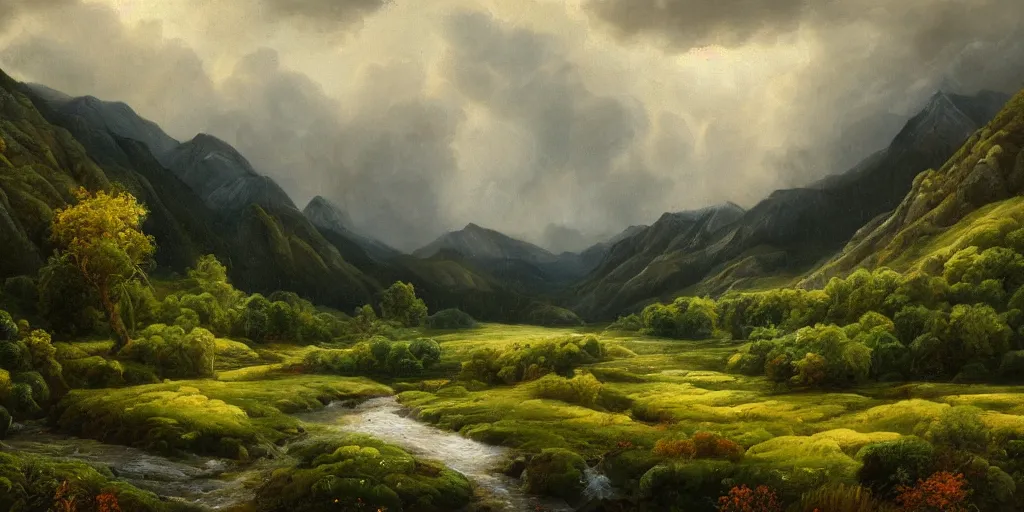 Prompt: a beautiful landscape painting of a mountainous valley with patches of woodland, raining, storm clouds, by antony bridge, oil on canvas, highly detailed, hd, 4 k