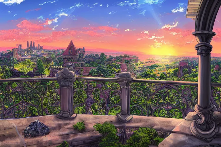 anime digital art view from castle balcony sunset | Stable Diffusion |  OpenArt