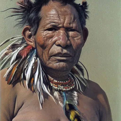 Image similar to high quality high detail painting by lucian freud, hd, full body of a indigenous tribe leader with a lot of feathers, photorealistic lighting