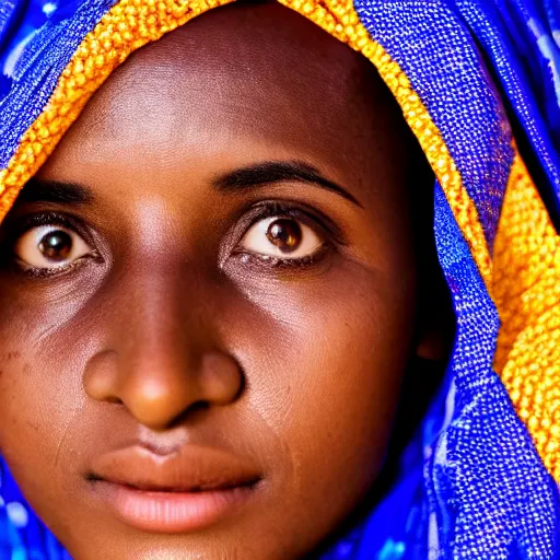 Prompt: A straight-on close-up head and shoulders photo of a 14-year-old Sudanese girl wearing a traditional dress, optimistic about the future, sunset reflecting in her eyes, wearing an almost-invisible NASA space suit helmet that is barely visible to us, 4K 85mm f/2