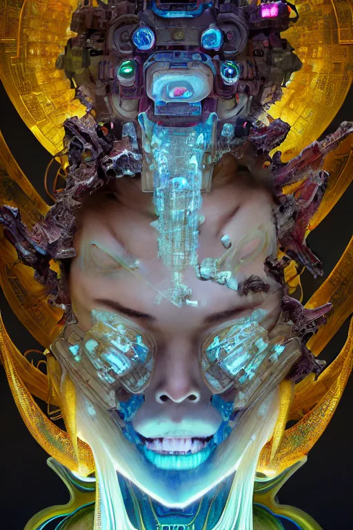 Prompt: dreamland of chinese, ghost, gorgeous and huge head ornaments, dystopian, cyberpunk, organic fractal mycelum and fungi, mecha, halfturn portrait of a big crystal face made of crystals half - turn, ominous, intricate, studio, art by anthony macbain + greg rutkowski + alphonse mucha, concept art, 4 k, sharp focus