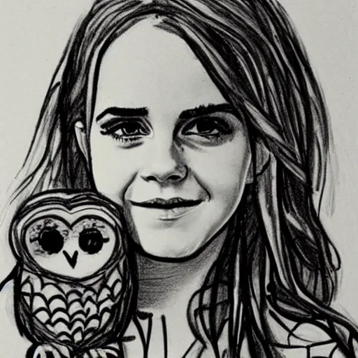 Image similar to childrens drawing of emma watson with owls,