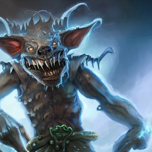 Prompt: a highly detailed goblin with grey skin and blue eyes that glow, with a windy background, like magic the gathering, goblin chainwalker,, digital art, by christopher rush