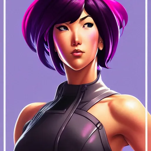 Image similar to head and shoulders portrait of Motoko Kusanagi, Fortnite illustration, medium shot, intricate, elegant, highly detailed, digital art, ffffound, art by gil elvgren and JC Leyendecker and sachin teng