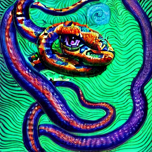 Image similar to an extremely psychedelic portrait of a snake, surreal, lsd, face, detailed, intricate, elegant, lithe, highly detailed, digital painting, artstation, concept art, smooth, sharp focus, illustration