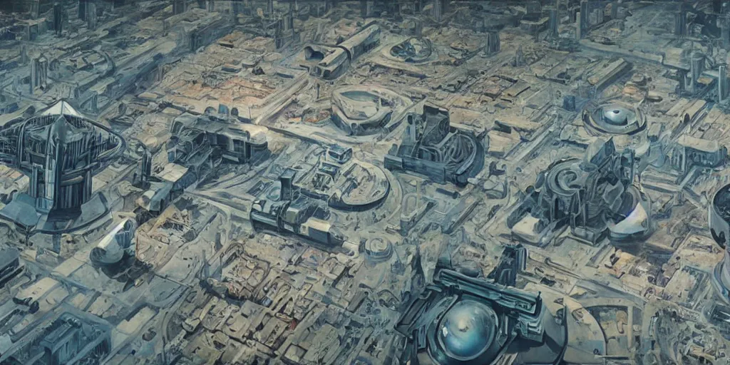 Prompt: Aerial shot of a Soviet era science fiction set painted by James Jean, cinematography by Yo-Yo Ma, composition by Fritz Lang