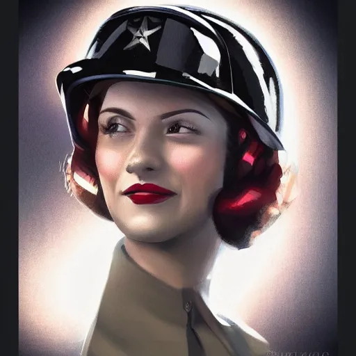 Image similar to smiling, happy, beautiful, intelligent, powerful, female ww 2 pilot, 2 9 years old, loving eyes, fully clothed, wise, beautiful, dramatic lighting, sharp focus, by stanley artgerm, dramatic lighting, trending on artstation, flat colour, geometric curves, gradient filter, art deco patterns