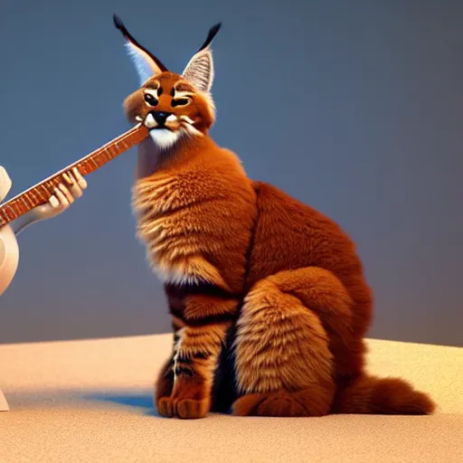 Image similar to cute fluffy caracal playing fluffy guitar, fully detailed, high quality , 4k , octane render , soft light , masterpiece